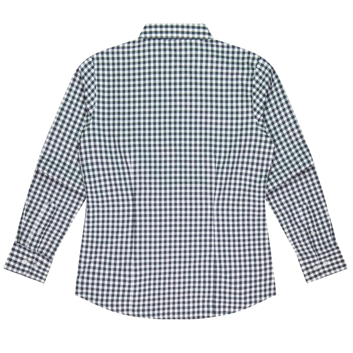 A long sleeve button-up shirt in a checkered pattern featuring navy and white colours. It has a collar and a curved hem.