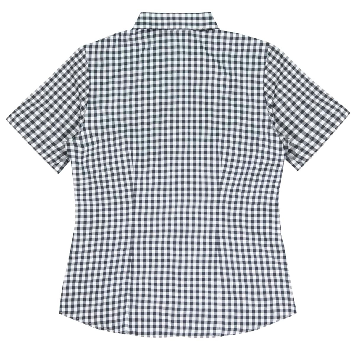 A short-sleeve button-up shirt featuring a navy and white gingham pattern and a collar, with a logo on the back.