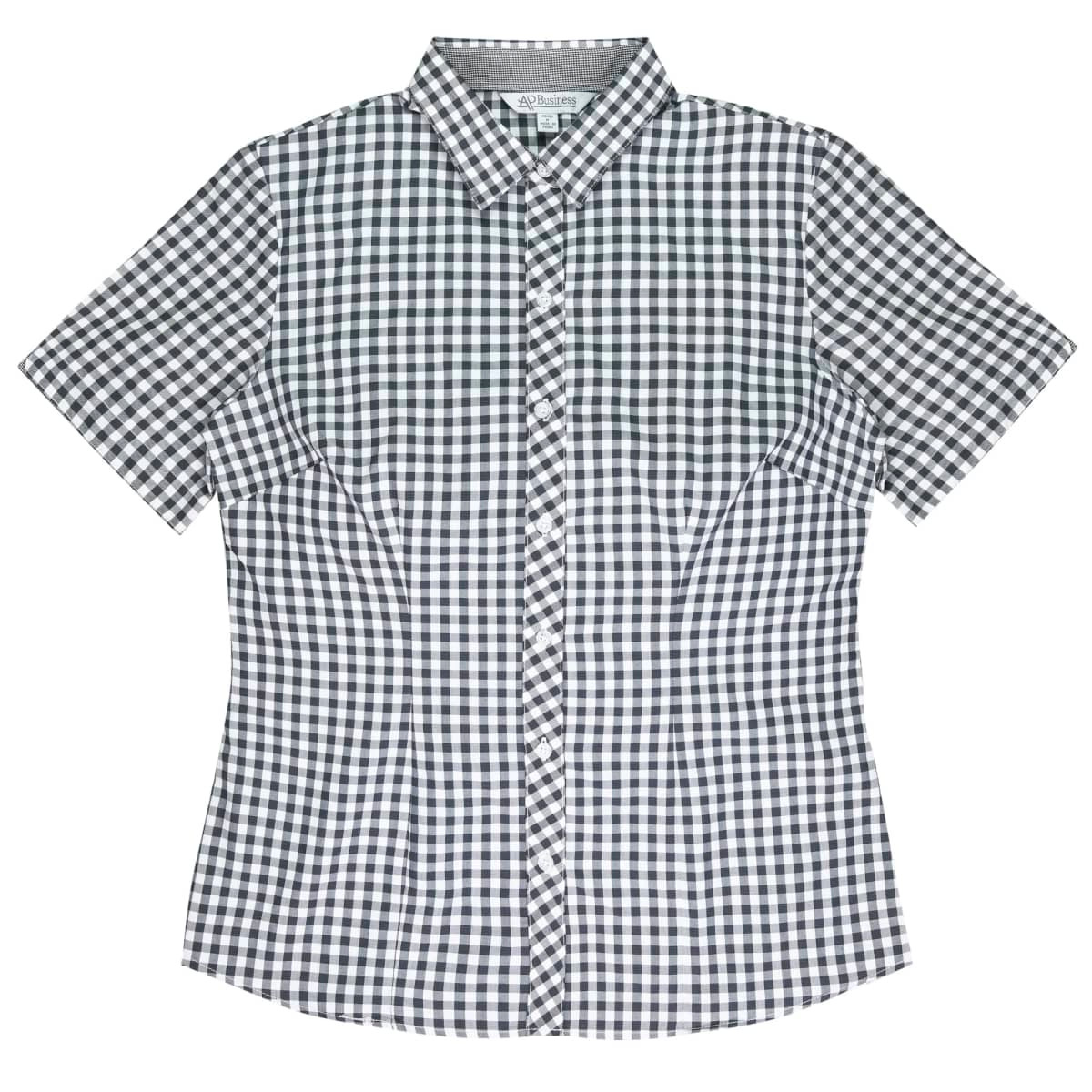 A short-sleeve button-up shirt featuring a black and white gingham pattern and a collar. It has a logo on the label.