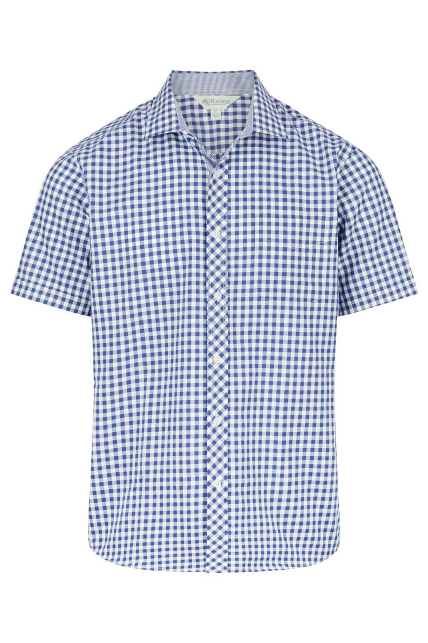 A short sleeve button-up shirt in blue and white gingham pattern, featuring a logo on the chest.