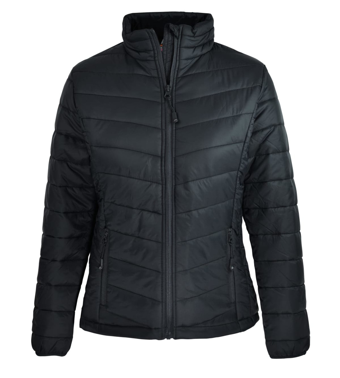 A black quilted women's jacket with a zip front and high collar, featuring two side pockets and a logo.