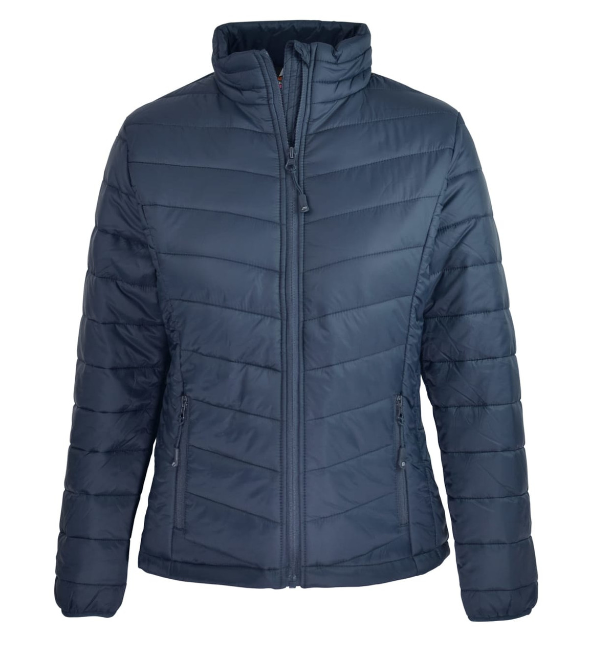 A navy blue BULLER LADY JACKET with a zip front and textured quilted design. It features side pockets and a stand-up collar.
