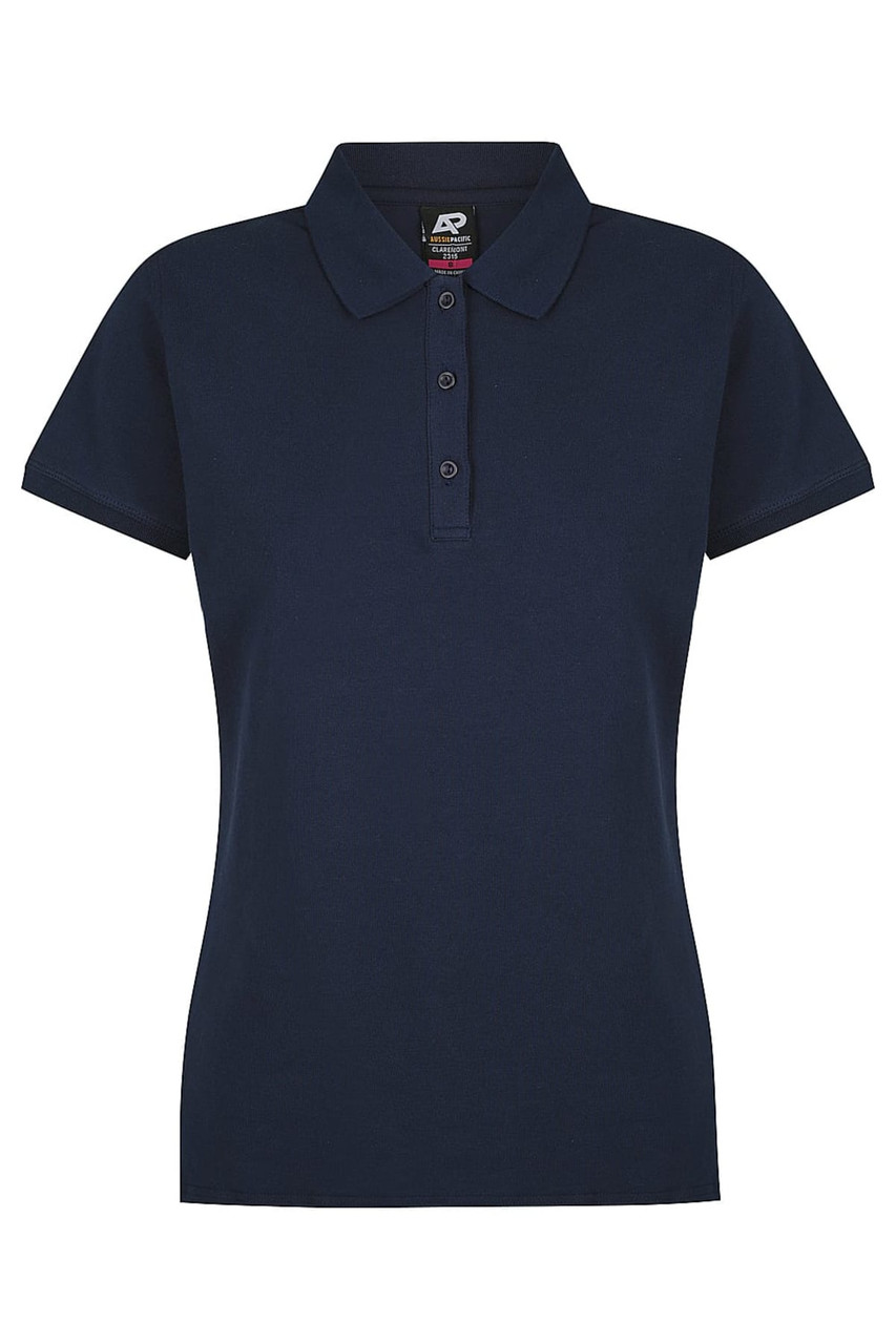 A navy polo shirt featuring a collar and three buttons, designed for women's wear. It includes a branding logo.