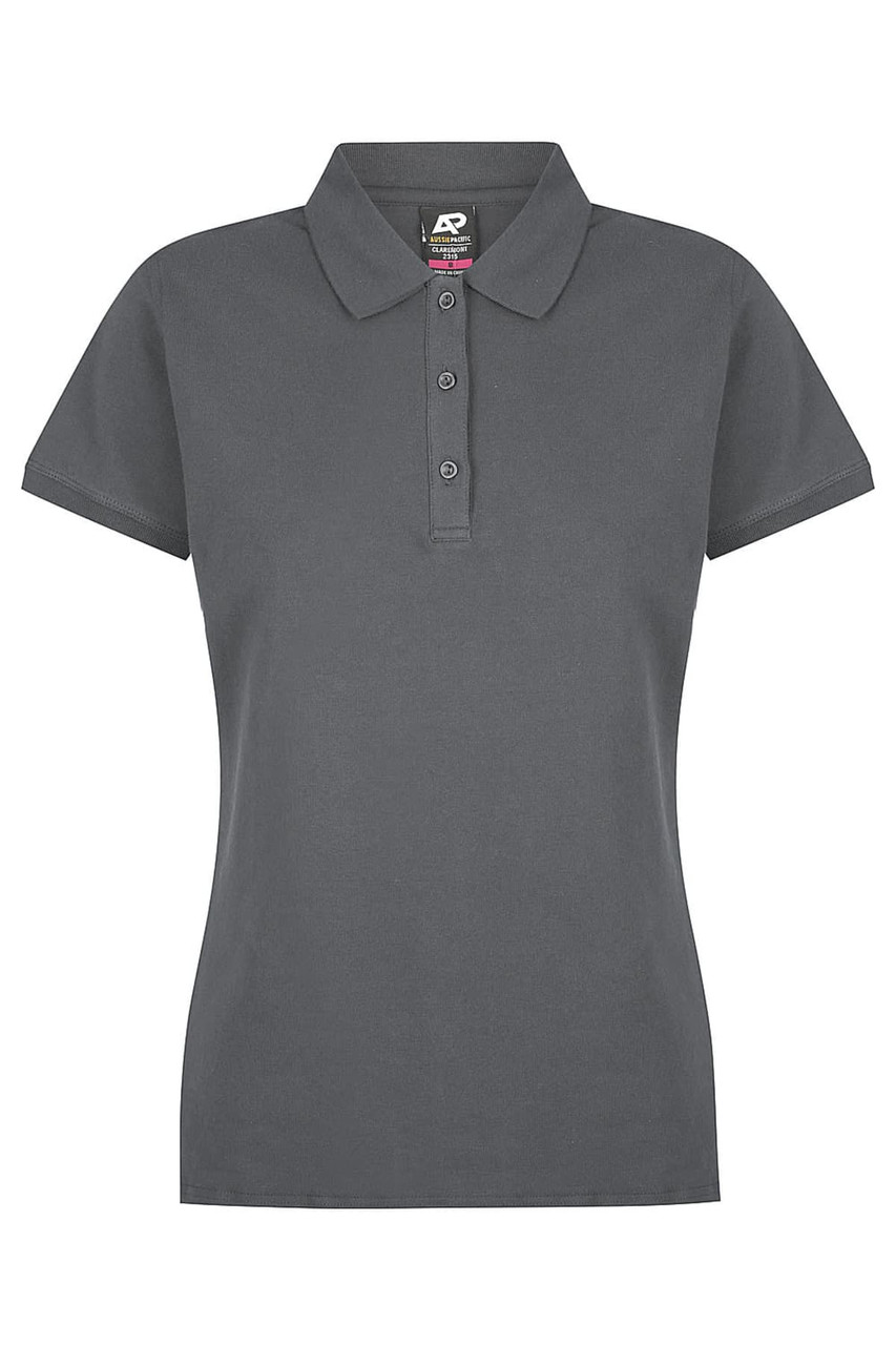A grey polo shirt featuring a collar, three buttons, and short sleeves. The shirt has a logo on the label.
