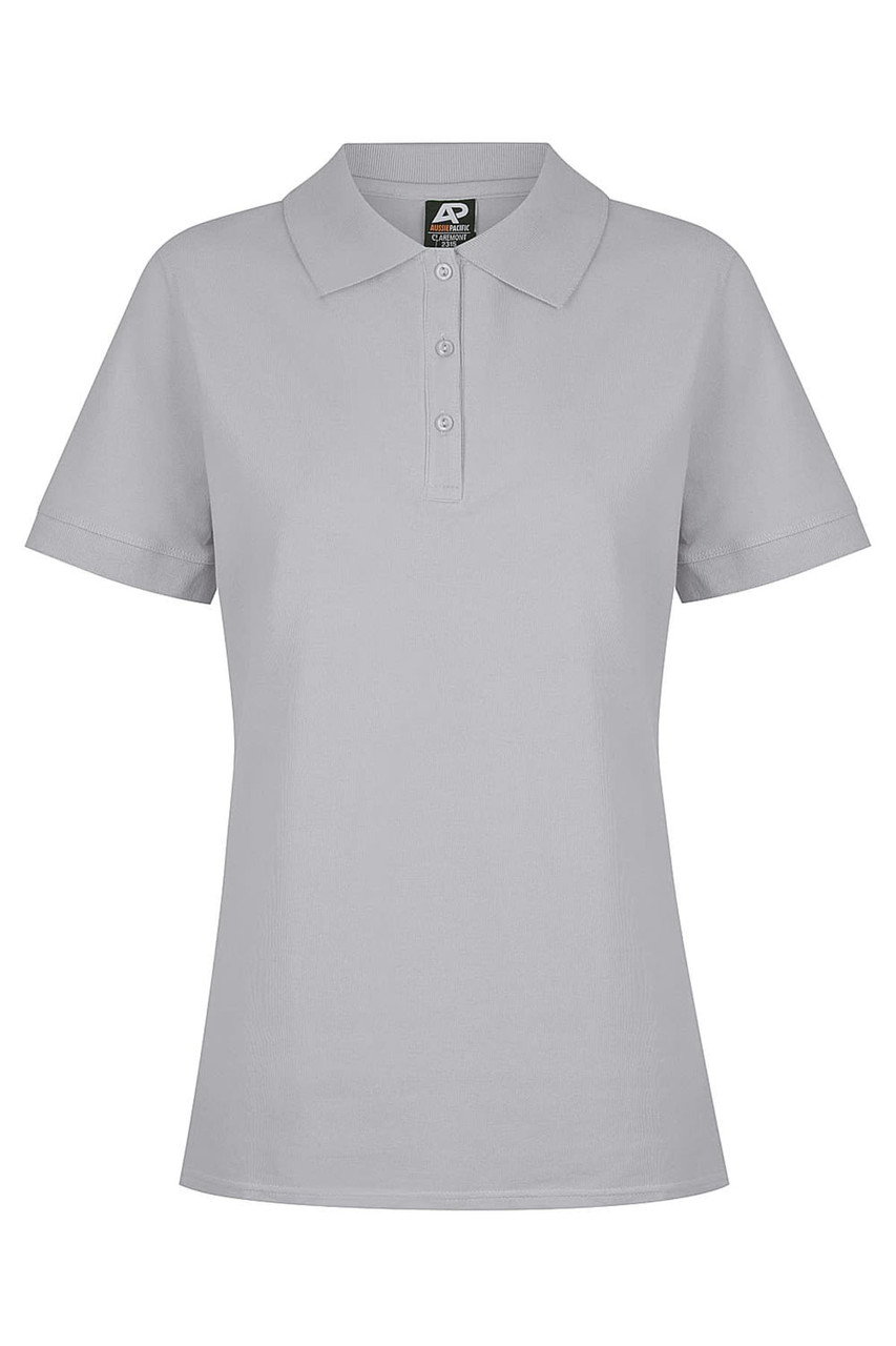 A grey polo shirt with a collar and three-button placket, featuring a logo on the label.