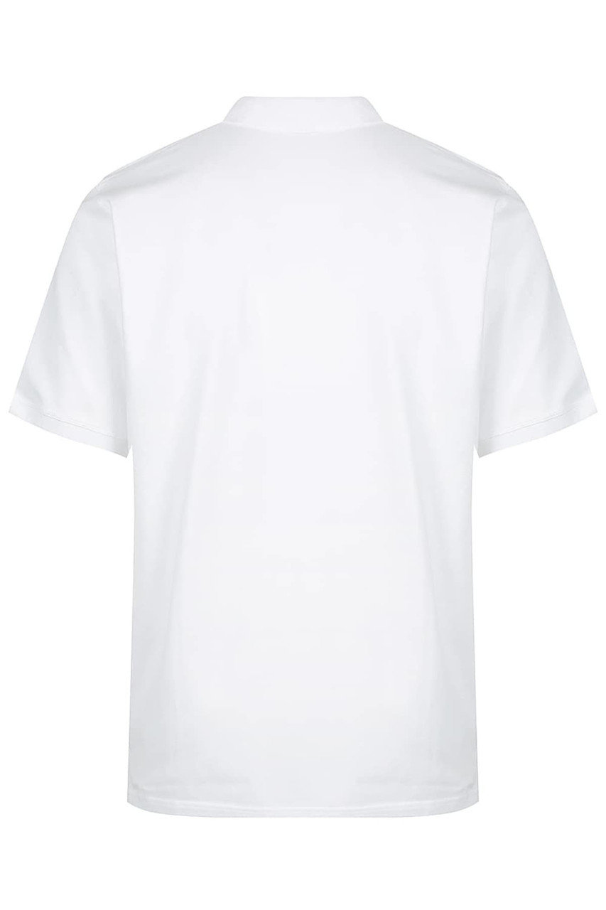 A white polo shirt featuring a collar and short sleeves, with a logo on the chest.