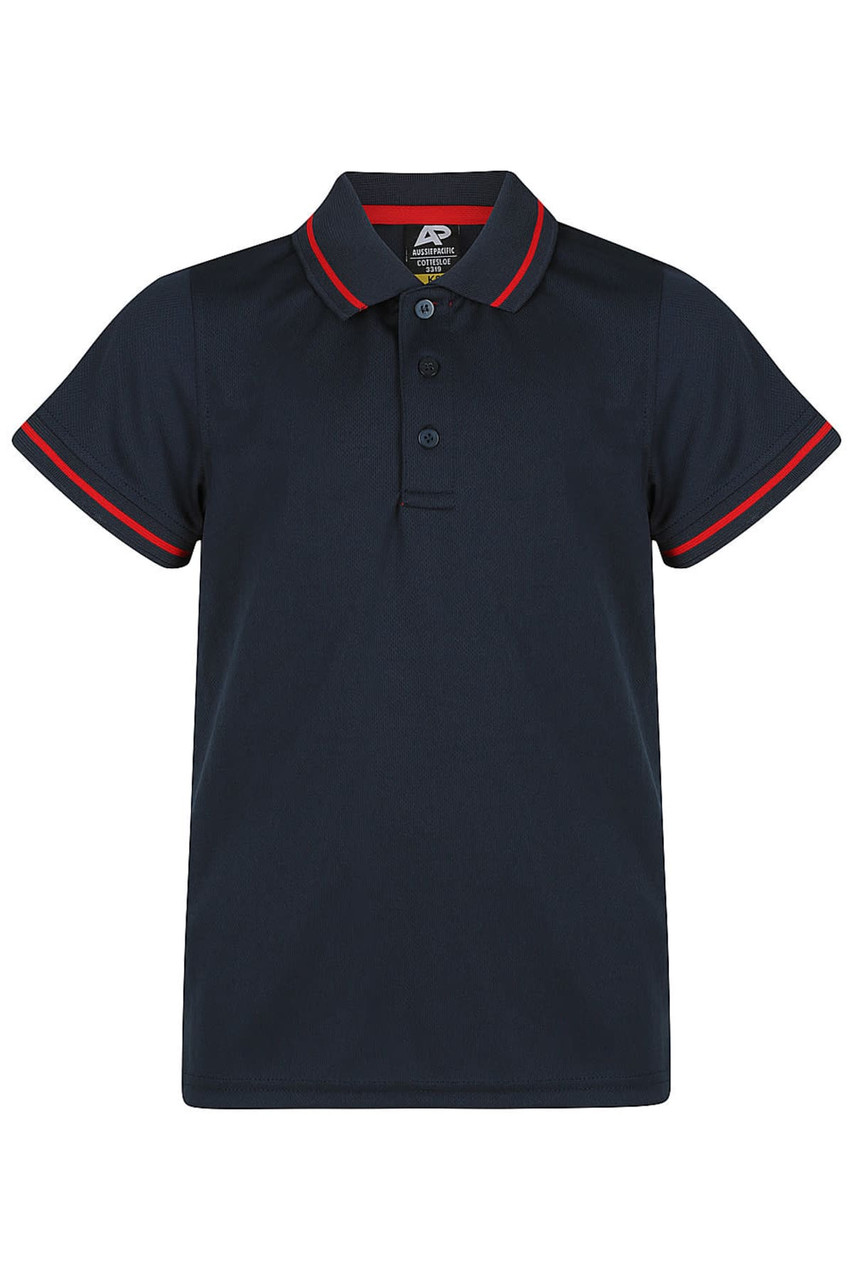 A navy blue polo shirt with red contrast trim and a logo on the chest. It features a classic collar and three buttons.