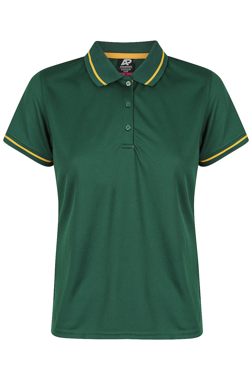 A green polo shirt featuring contrasting yellow trim on the collar and sleeves, with a logo at the neckline.