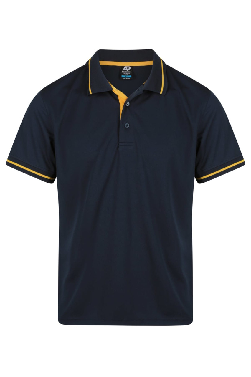 A navy polo shirt with yellow accents on the collar and sleeves, featuring a logo.