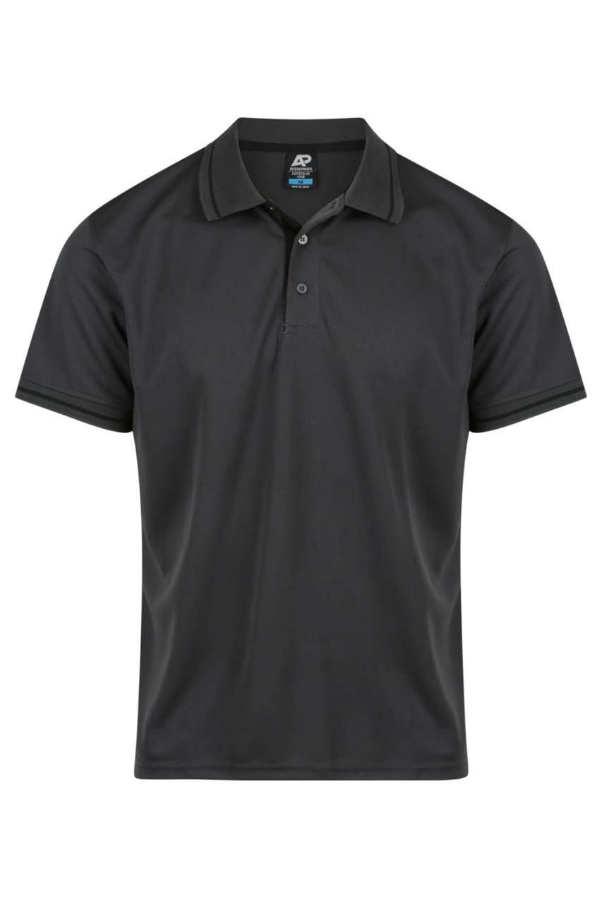 A black polo shirt featuring a collar, short sleeves, and a logo on the neckline.
