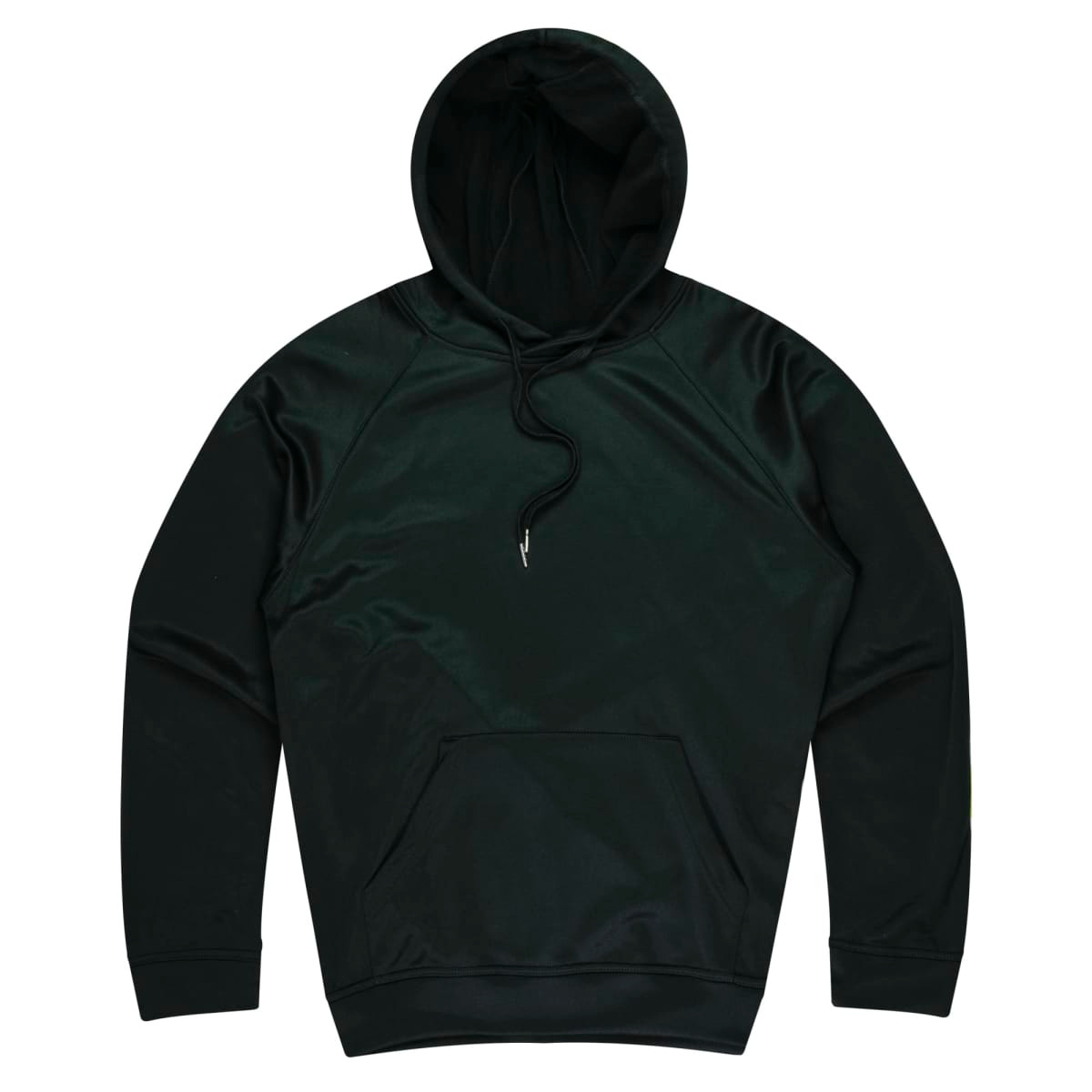 A dark green hoodie with a front pocket and adjustable drawstring hood. Features a logo on the chest.