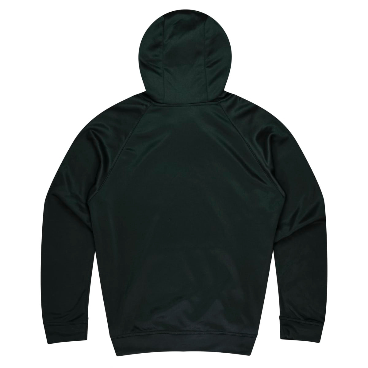 A dark green hoodie featuring a smooth fabric and a hood, with a plain back design.