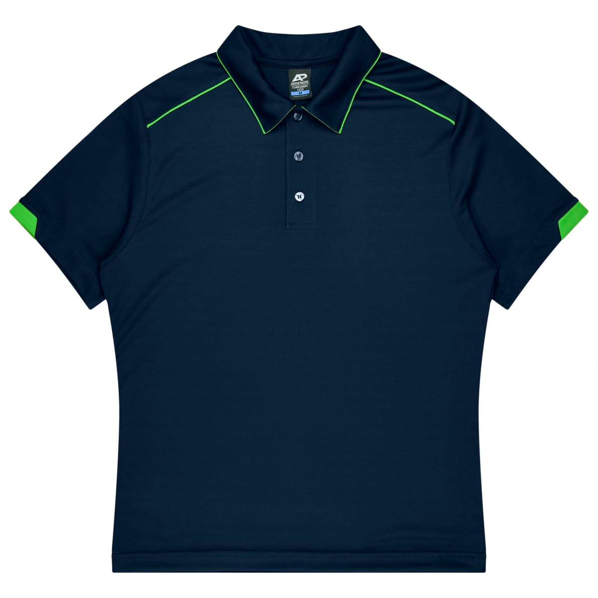 A navy polo shirt with green accents, featuring a classic collar and three buttons. It has a logo on the upper left side.