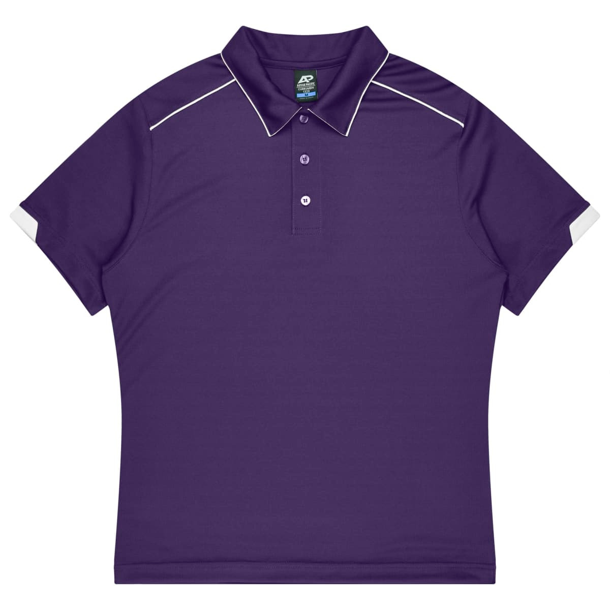 A purple polo shirt featuring a collar and white accents, designed as a sports uniform. It has a branding logo.