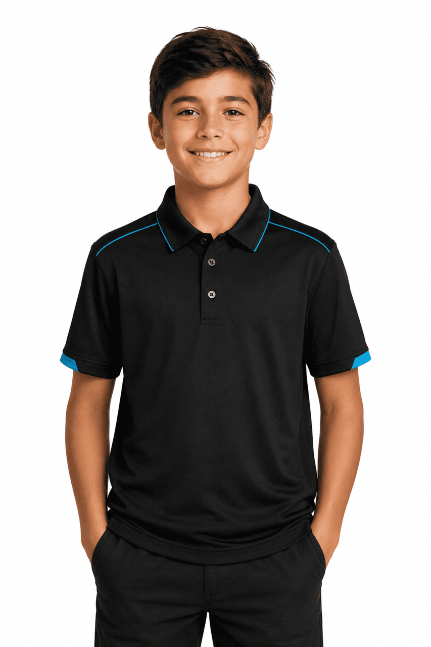 A black polo shirt with blue accents, suitable for kids, displayed on a smiling boy. The shirt has a logo.