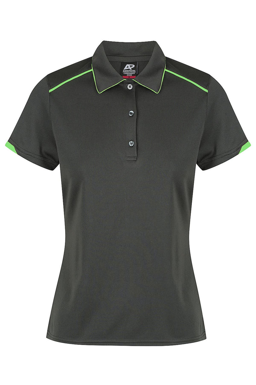A dark grey polo shirt featuring green accents and a collar, with a logo on the front.