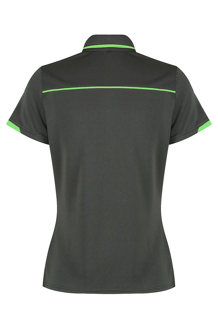 A dark green polo shirt featuring vibrant green accents and a logo. The back view displays a sleek design.