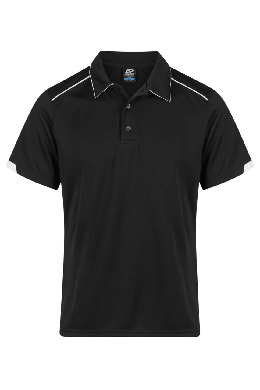 A black polo shirt featuring white accents, with a collar and short sleeves. Includes a branding logo.