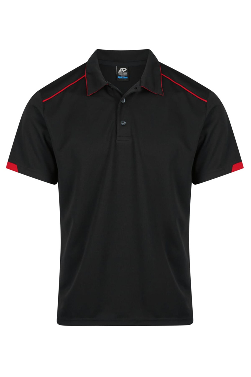 A black polo shirt with red detailing and a logo on the chest. Short sleeves and a classic collar design.