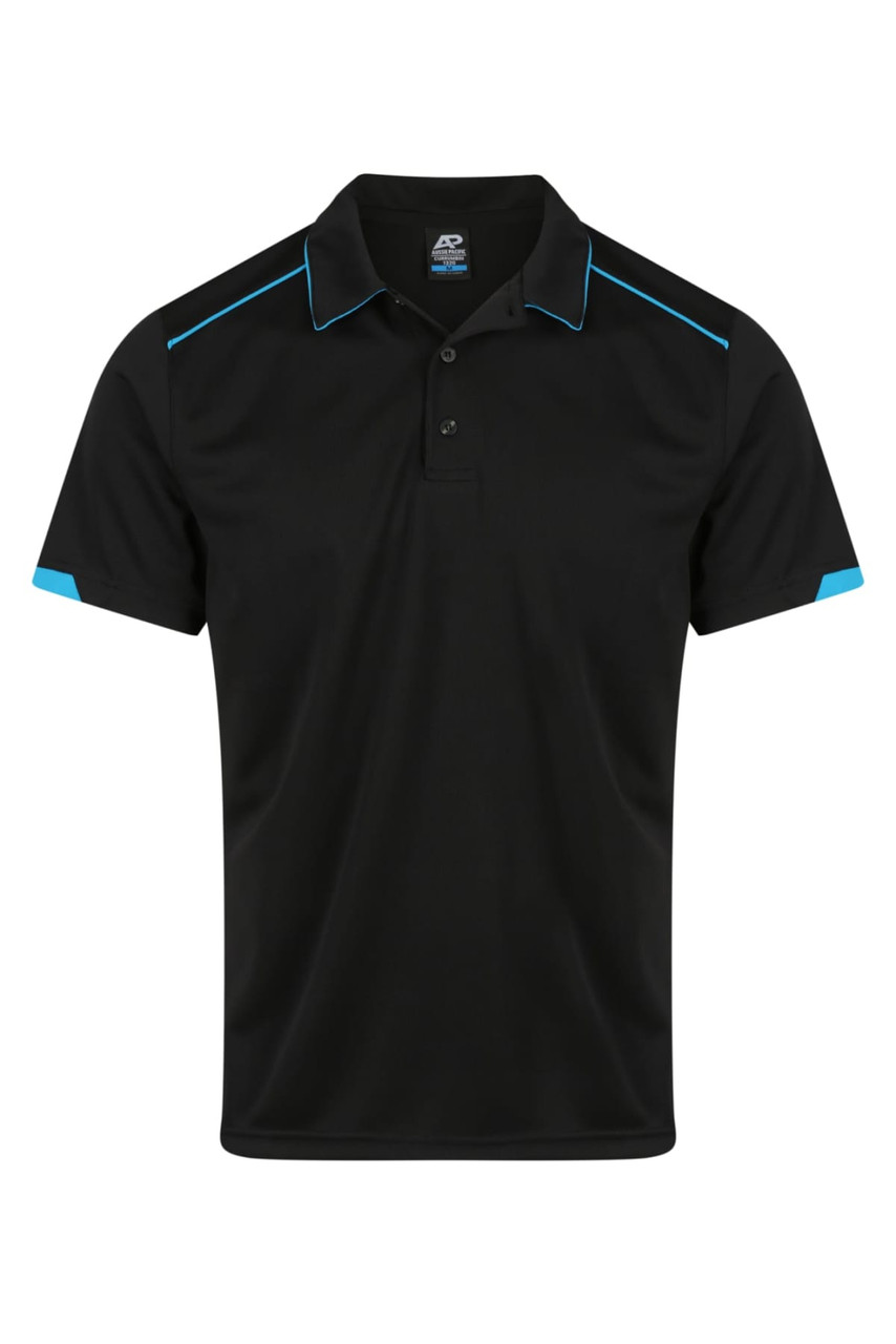A black polo shirt with blue accents and a logo on the chest area.