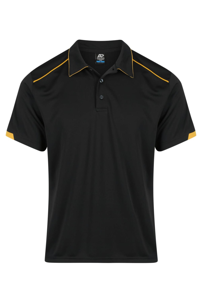 A black polo shirt with yellow accents and a logo on the chest area. Short sleeves and a classic collar design.