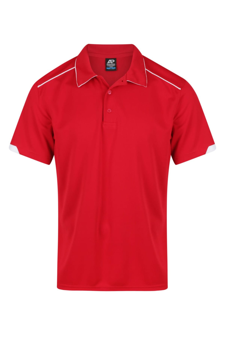 A red men's polo shirt with white accents and a logo on the front. Short-sleeved design.