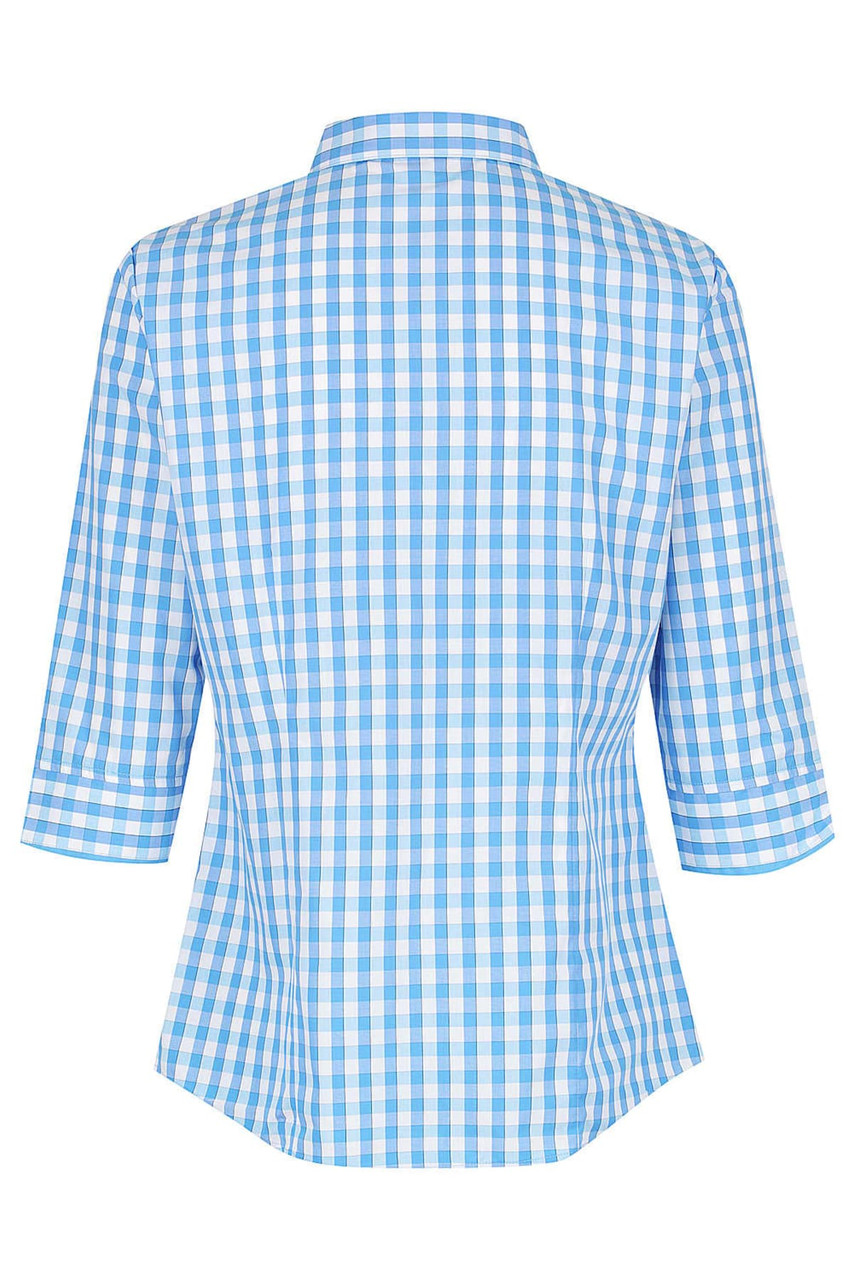A blue and white checked button-up shirt with 3/4 sleeves and a collar, featuring a logo.