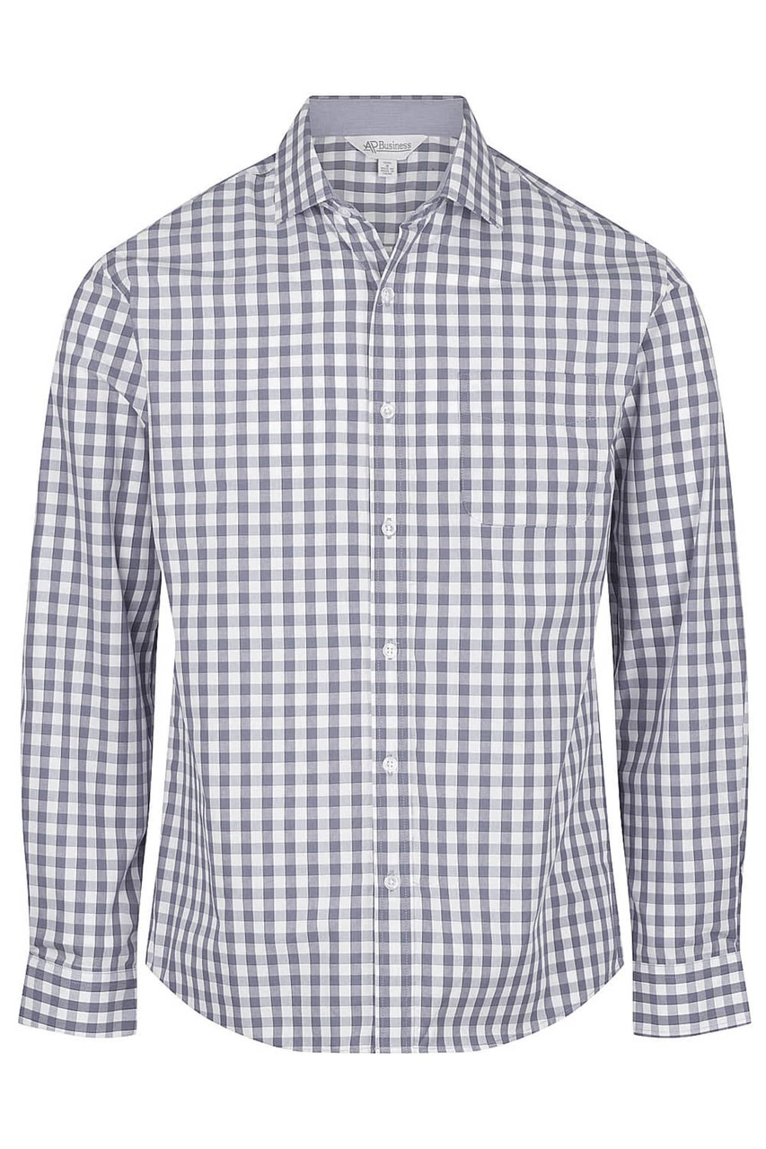 A long-sleeve button-up shirt featuring a blue and white check pattern, with a chest pocket and a logo.