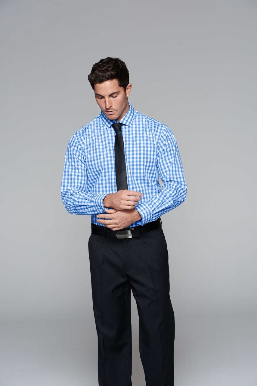 A button-up long sleeve shirt in blue and white check pattern, paired with black pants and a tie, with a logo visible.