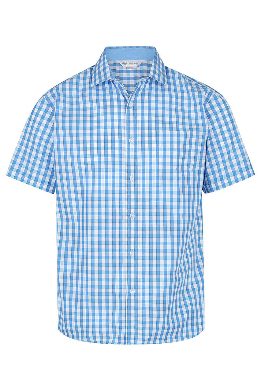 A short-sleeve button-up shirt in blue and white checkered pattern, featuring a front pocket and a logo.