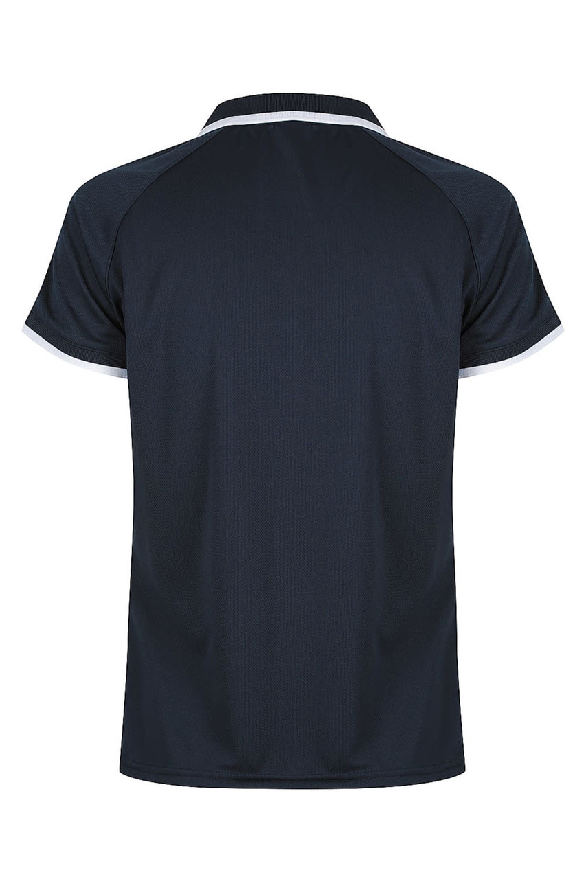 A dark navy polo shirt with a contrasting trim, featuring a simple collar and short sleeves. It has a logo.