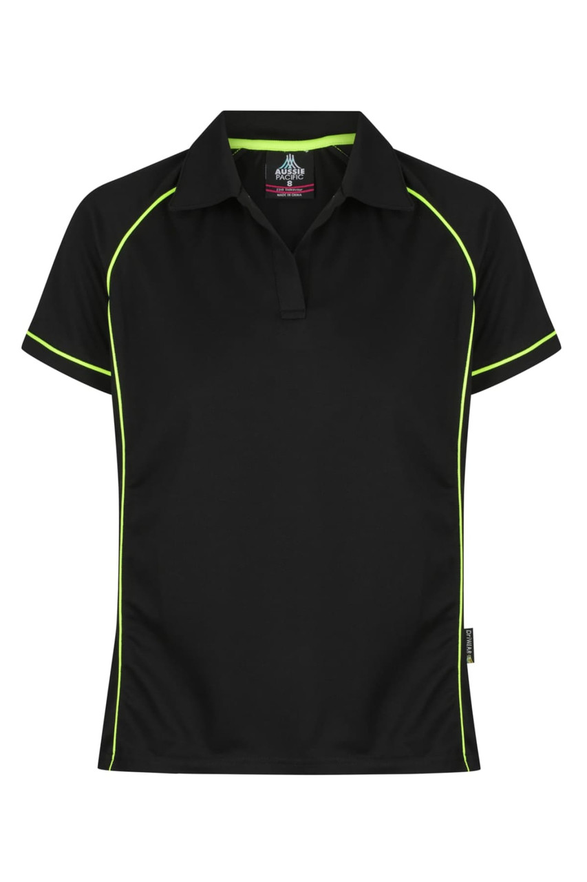 A black polo shirt with lime green trim, featuring short sleeves and a branded logo on the collar.