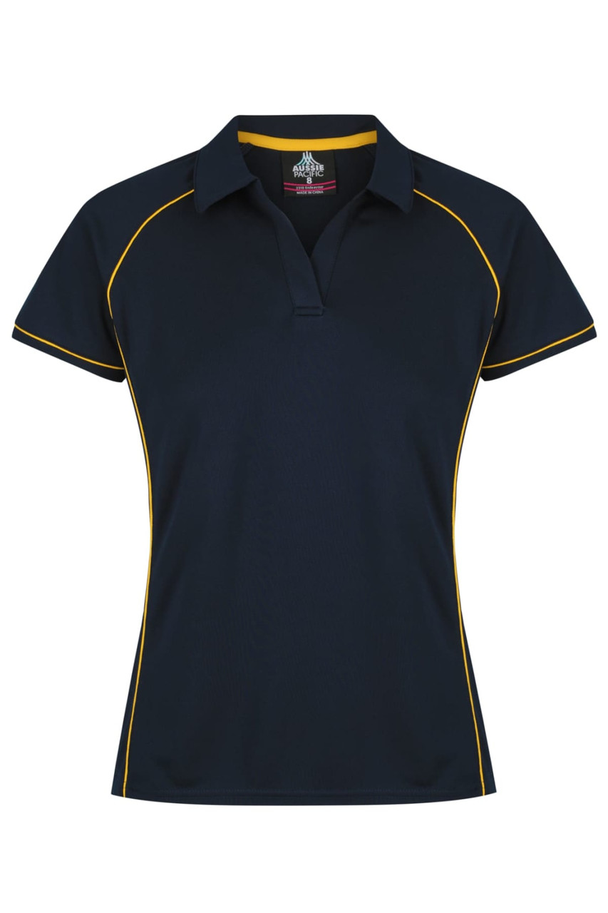 A navy polo shirt with yellow piping and a collar, featuring a logo. Suitable for women's wear.