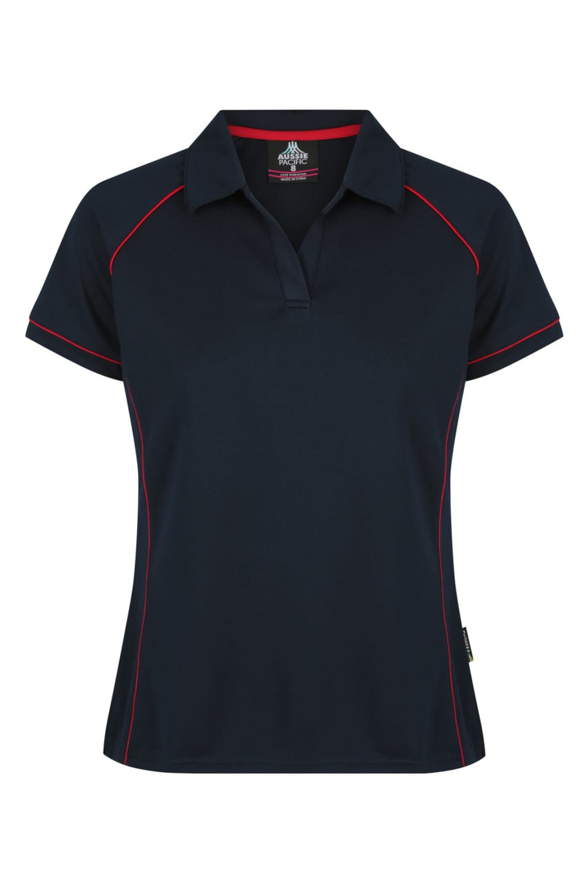 A navy polo shirt with red accents and a collar, featuring a logo on the chest.