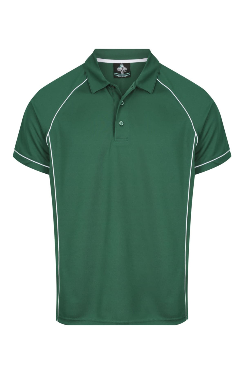 A green polo shirt with contrasting white piping and a collar. It features a logo on the front.