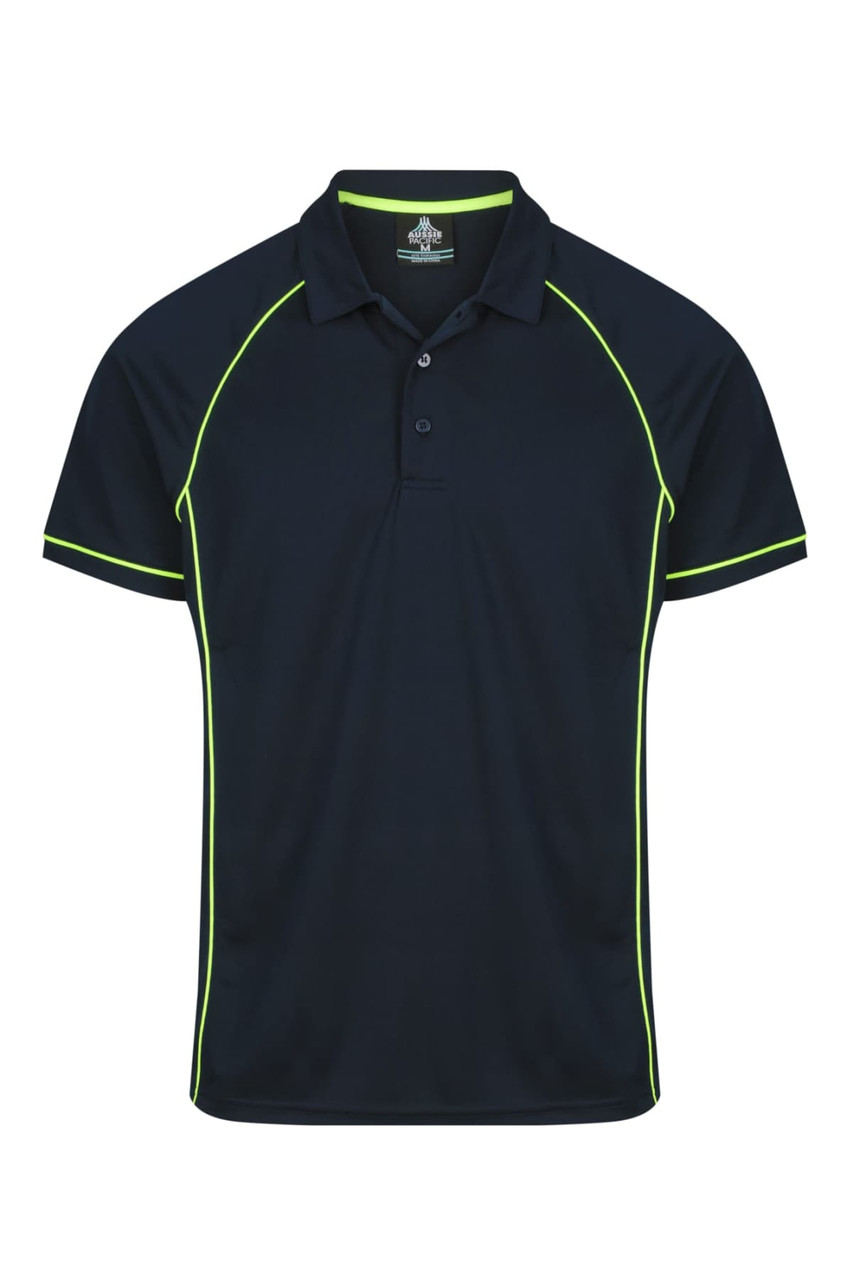A navy polo shirt with contrasting neon yellow piping and a logo. Suitable for casual wear or sports.
