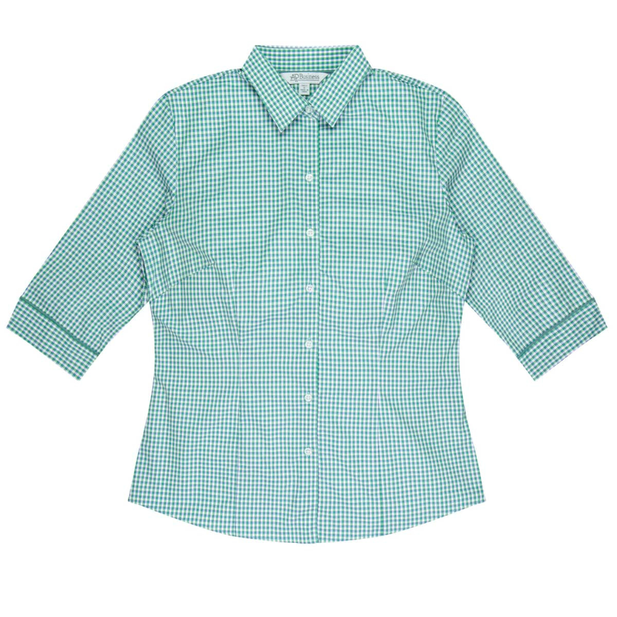 A green and white checked button-up shirt with 3/4 sleeves and a collar. It features a logo.