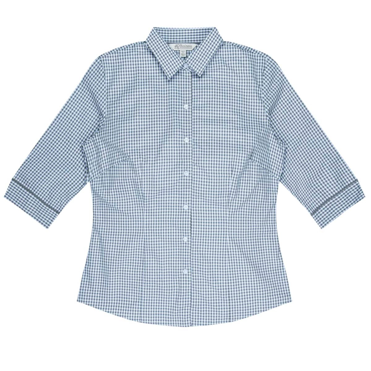 A blue and white checkered button-up shirt with 3/4 sleeves and a collar, featuring a logo.