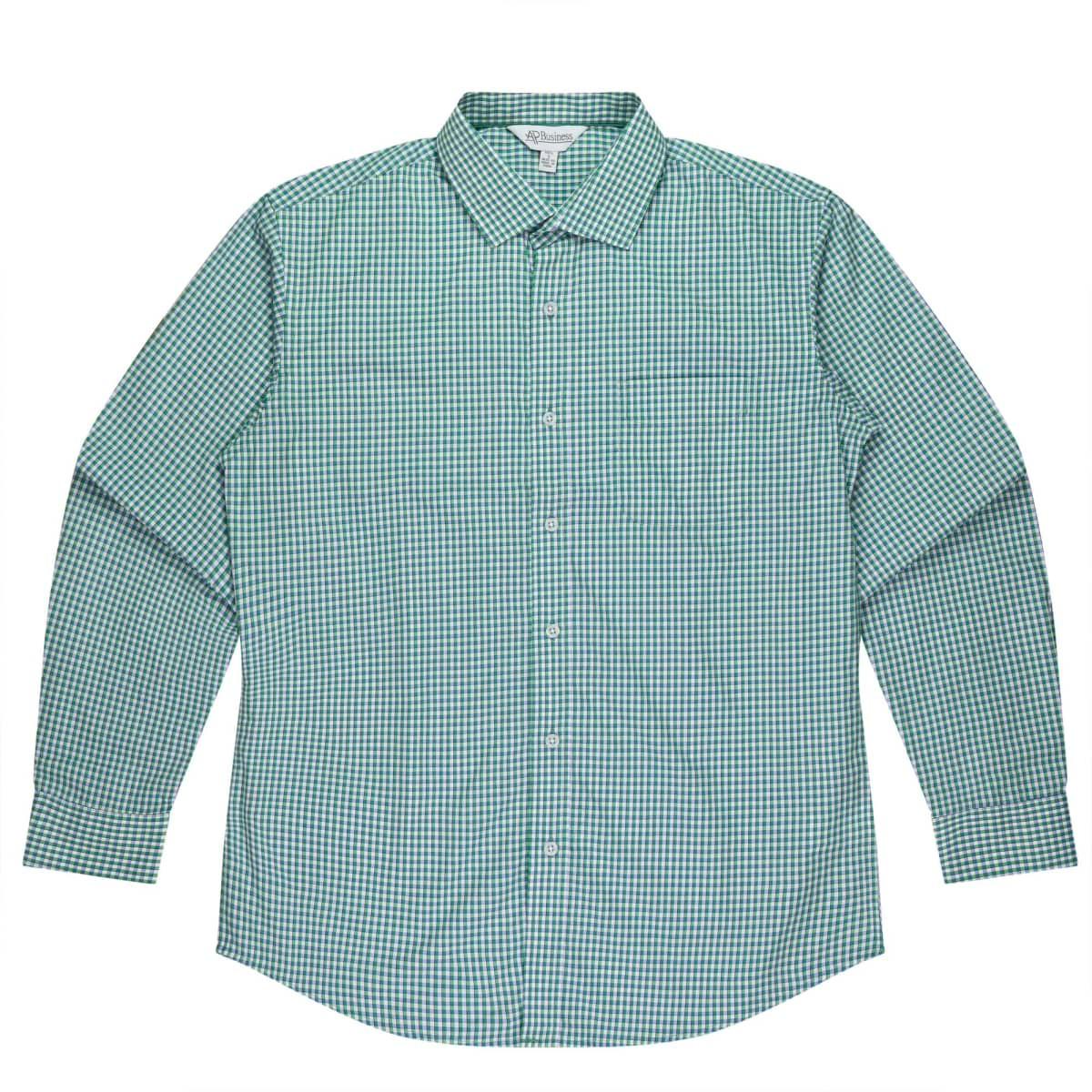 A long-sleeve button-up shirt featuring a green and white checked pattern, with a collar and a chest pocket.