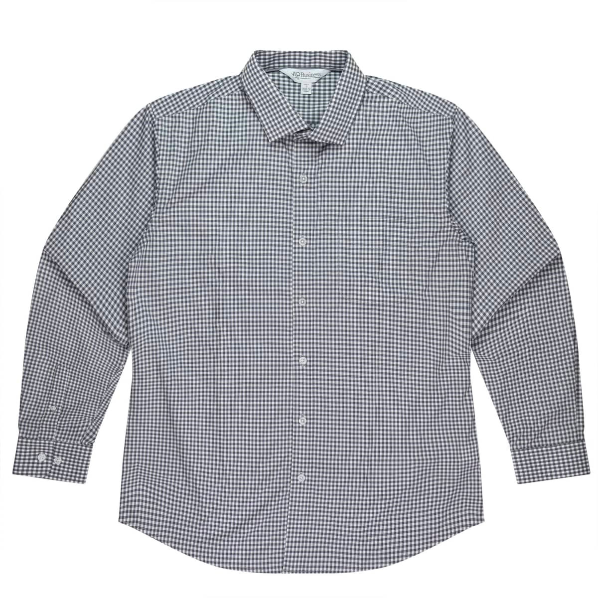 A long sleeve button-up shirt featuring a checkered pattern in shades of black and white. It has a collar and cuffs.