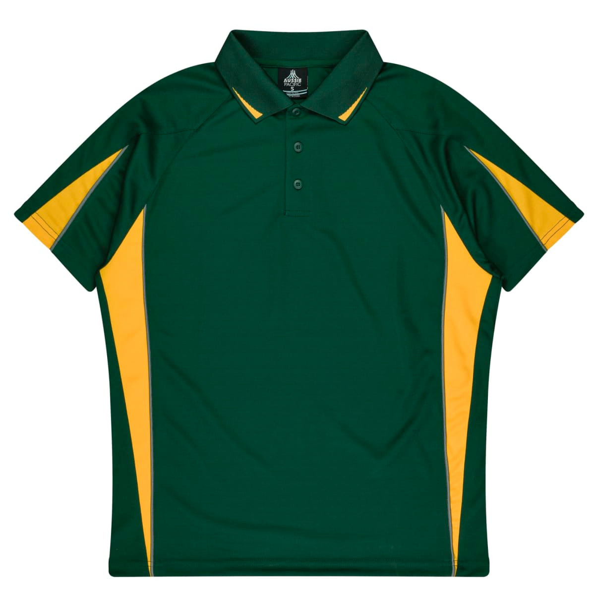 A green polo shirt with yellow side panels and a logo on the chest area.