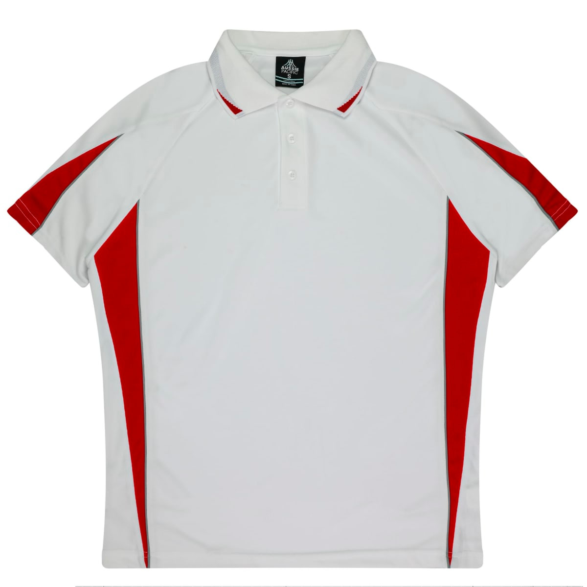 A white polo shirt with red accents and a logo on the collar.