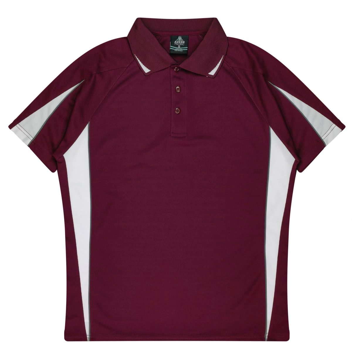 A maroon polo shirt with white accents and a logo. Short sleeves and a classic collar design.