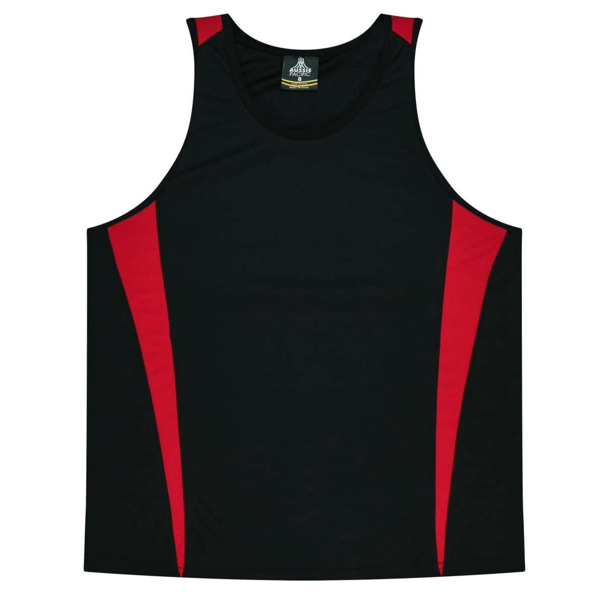 A black singlet with red side panels and a logo at the neckline. Suitable for active wear.