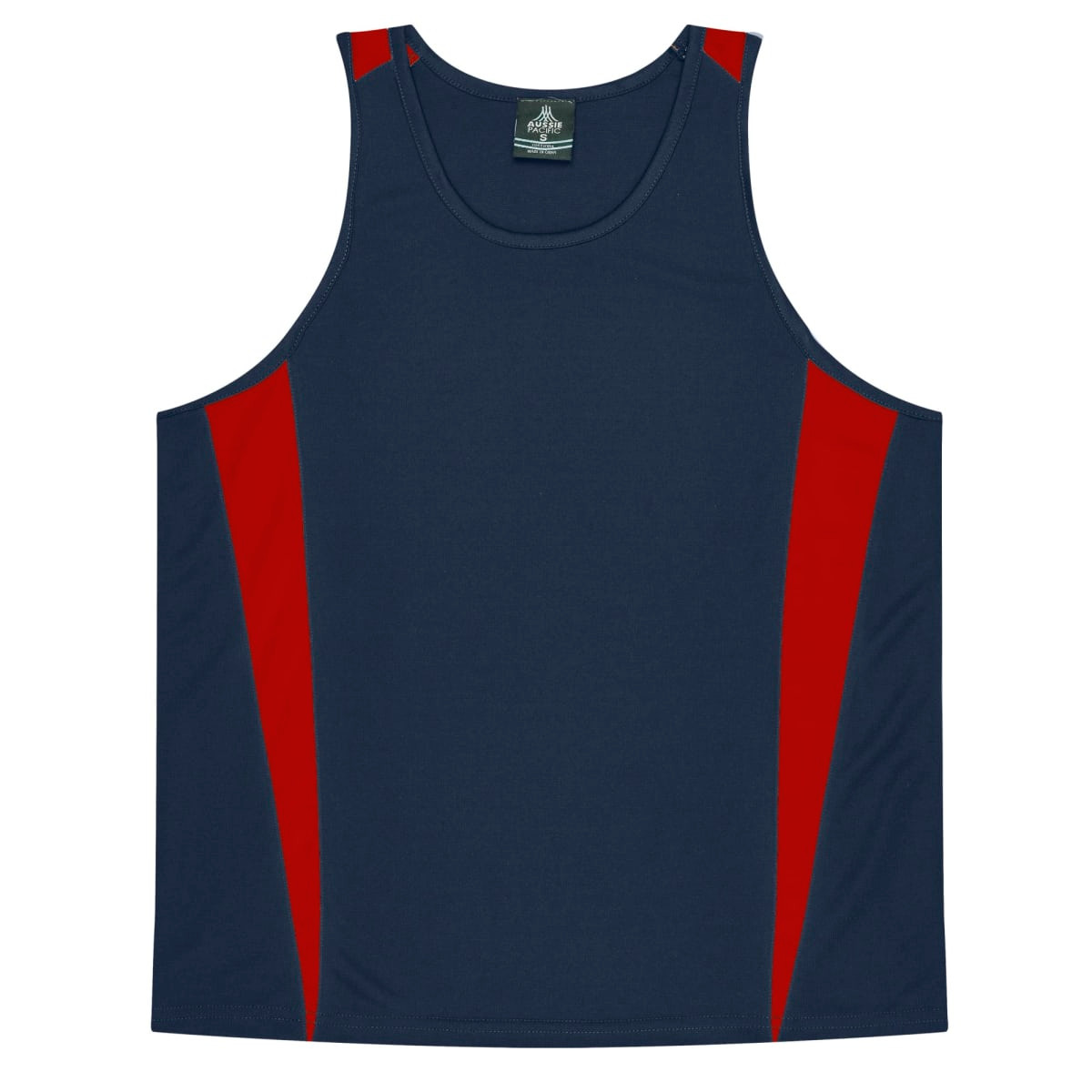 A navy singlet with red side panels, featuring a logo at the neckline. Suitable for casual wear or sports.