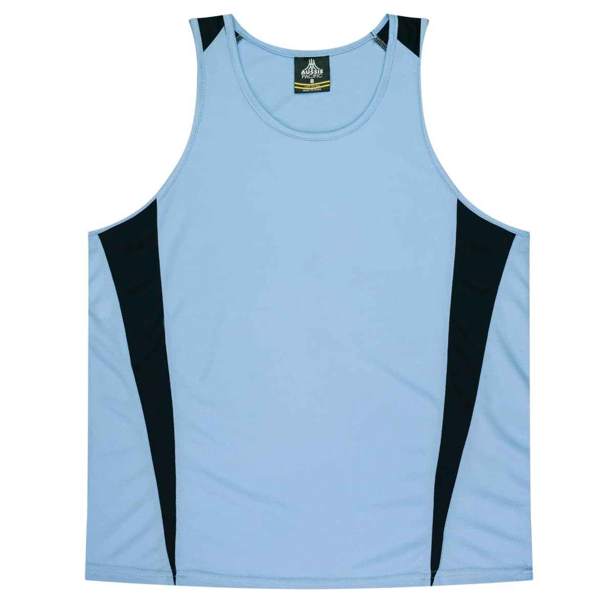 A light blue singlet with black side panels, featuring a logo on the neckline.