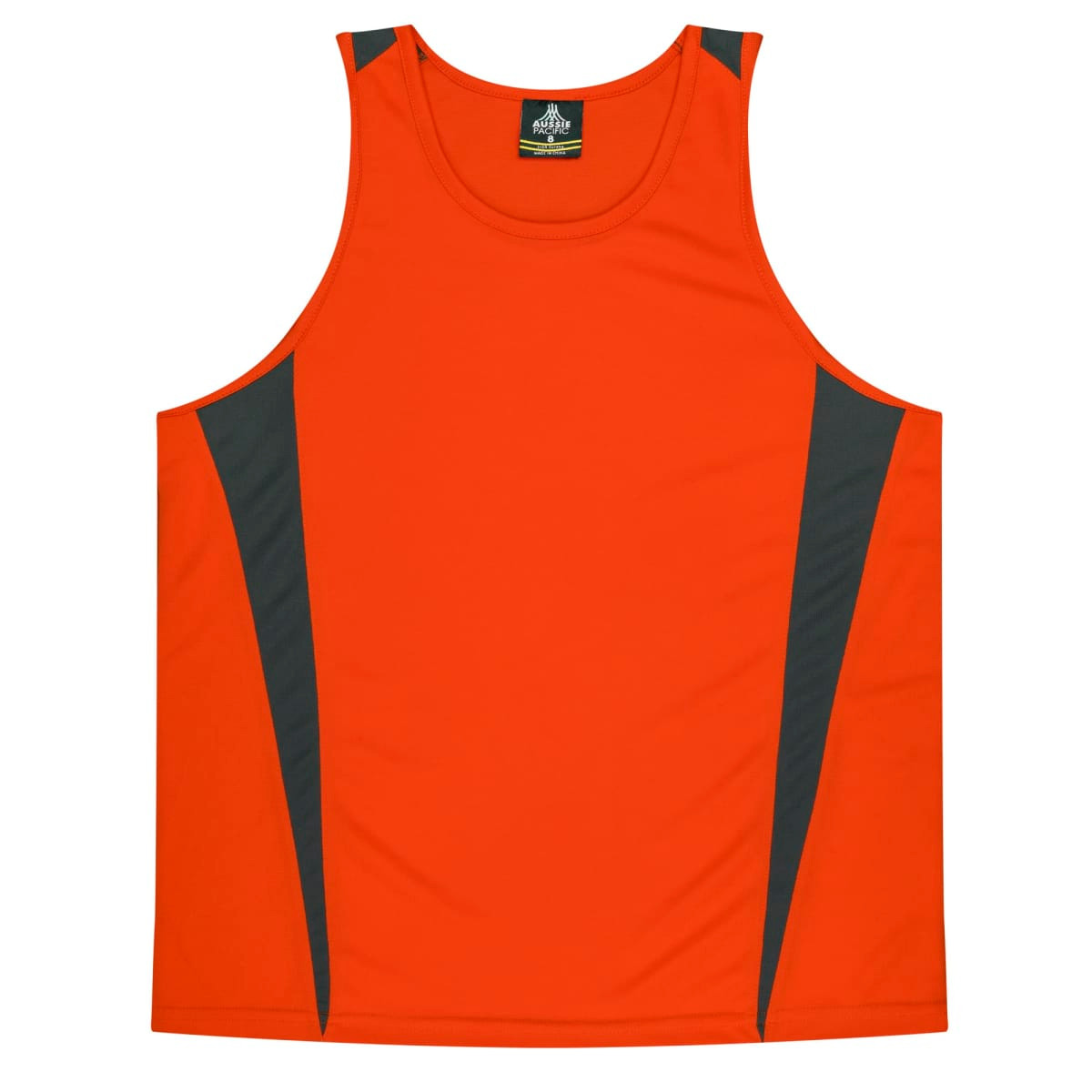 An orange singlet with grey accents, featuring a logo on the neckline. Suitable for kids.