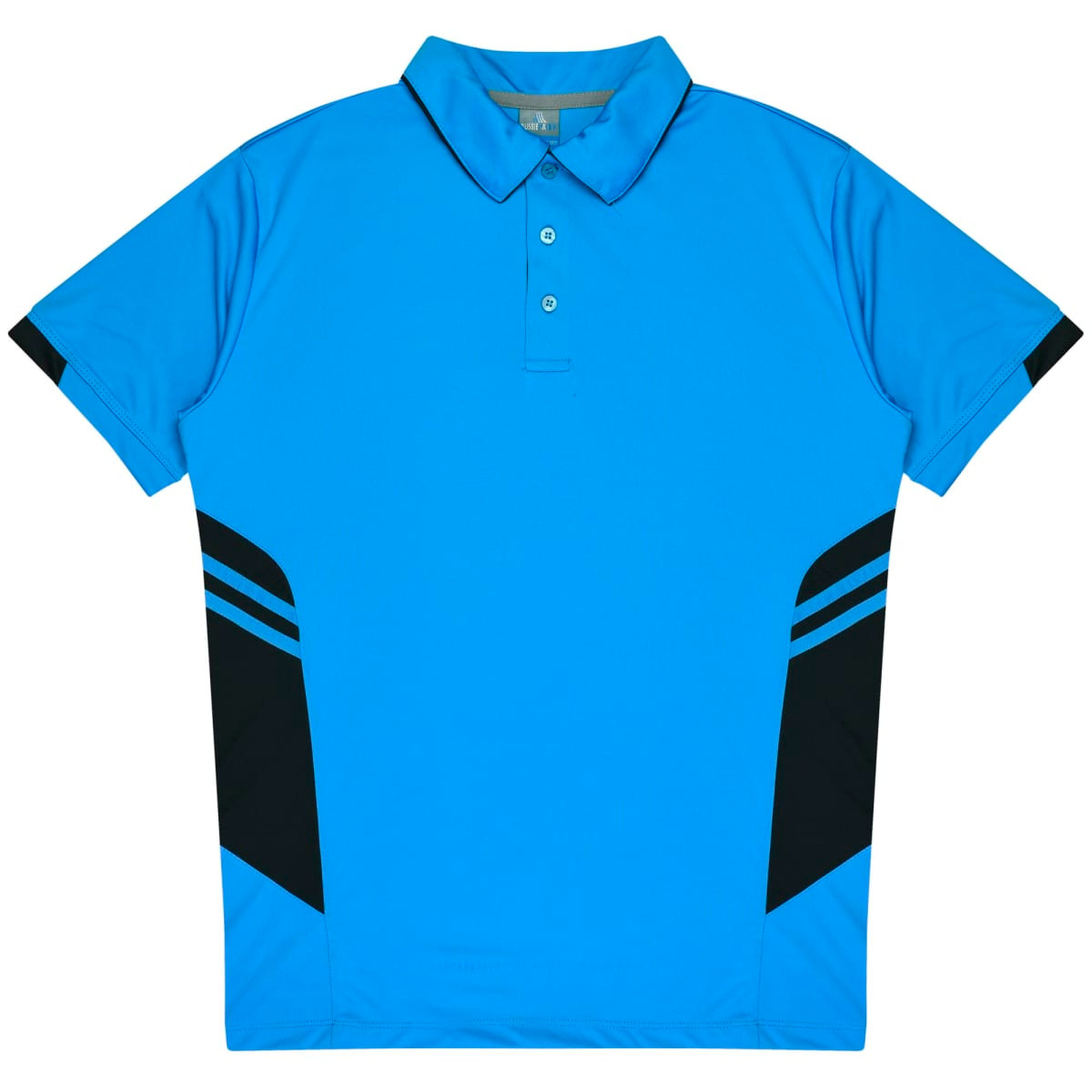 A blue polo shirt with black side panels and a collar, featuring a logo.