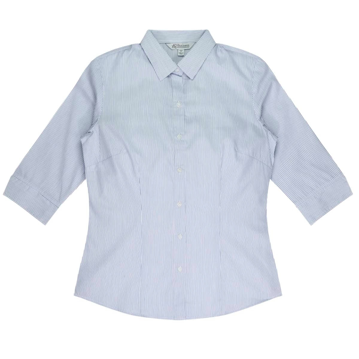A button-up shirt in light blue and white stripes, featuring a collared neckline and 3/4 sleeves, with a logo.
