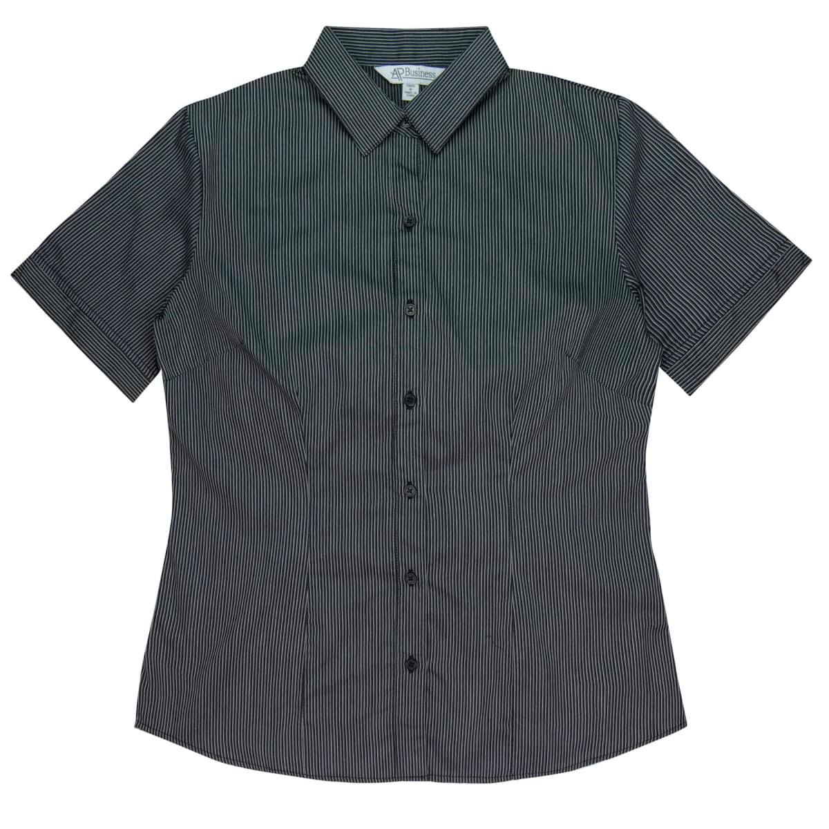 Short-sleeve ladies' shirt in black with a subtle stripe pattern, featuring a collar and buttons down the front.